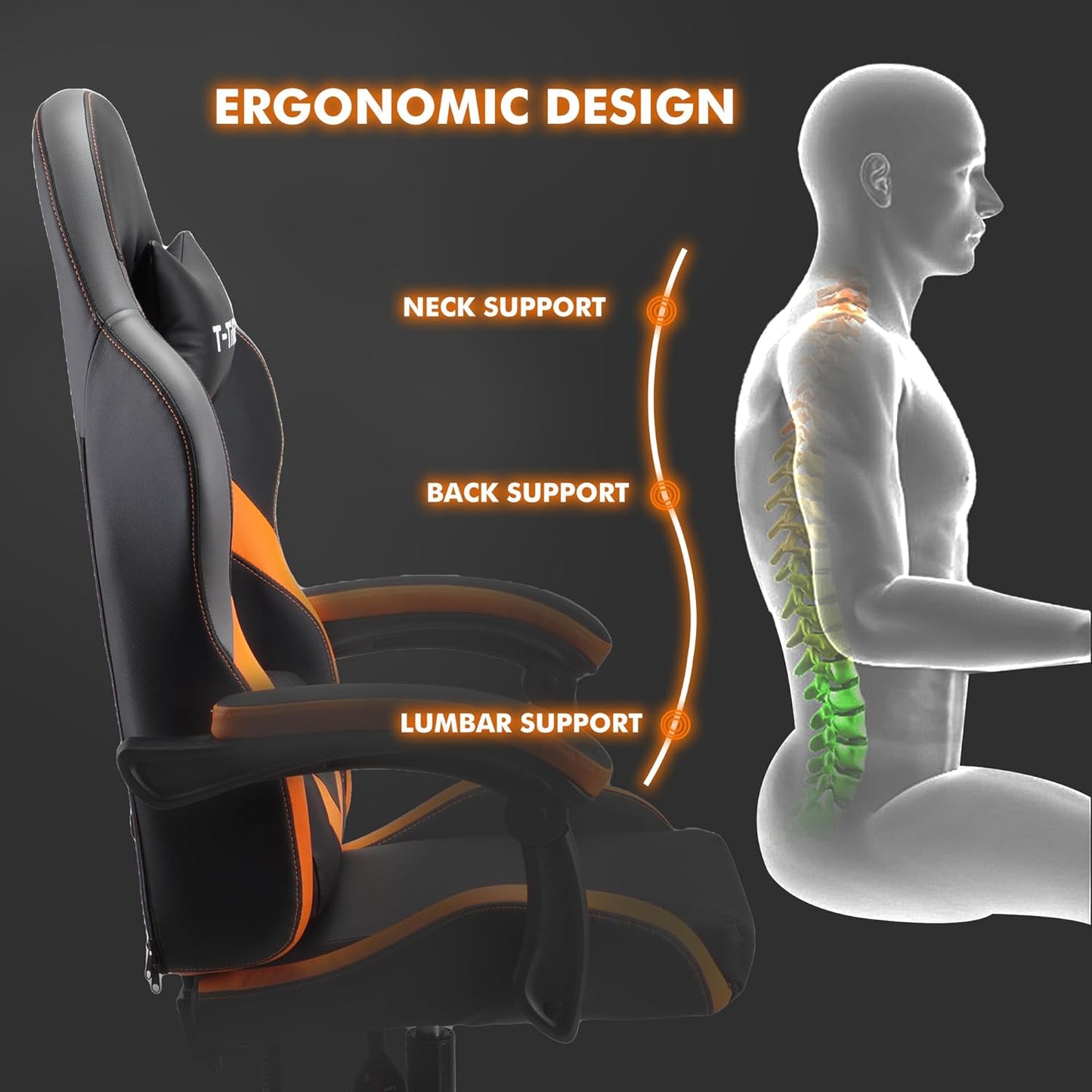 ORANGE Ergonomic High-Back Gaming, Computer, Office, Study, Swivel, and Racing-Style Chair with Adjustable Lumbar and Headrest Support, 150Kg Weight Capacity