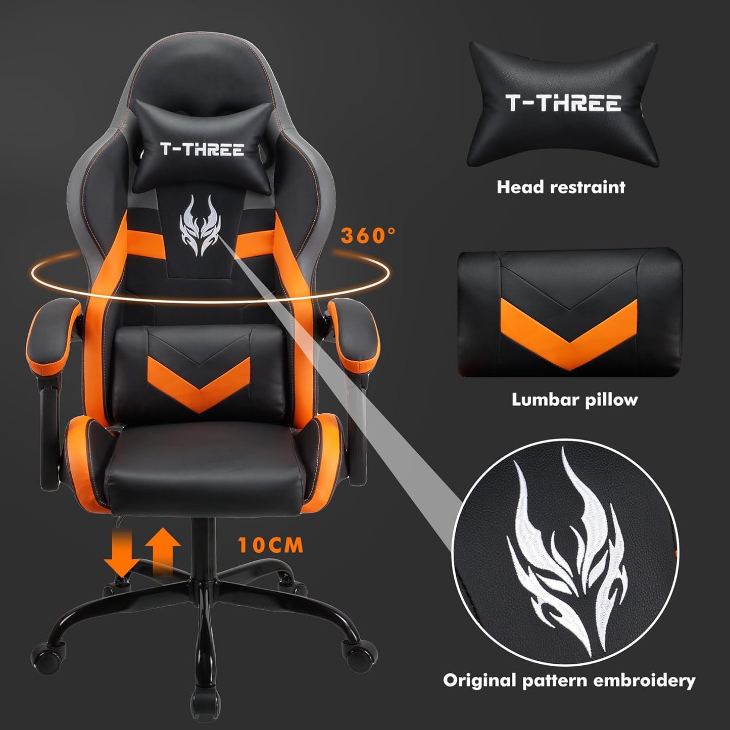 ORANGE Ergonomic High-Back Gaming, Computer, Office, Study, Swivel, and Racing-Style Chair with Adjustable Lumbar and Headrest Support, 150Kg Weight Capacity
