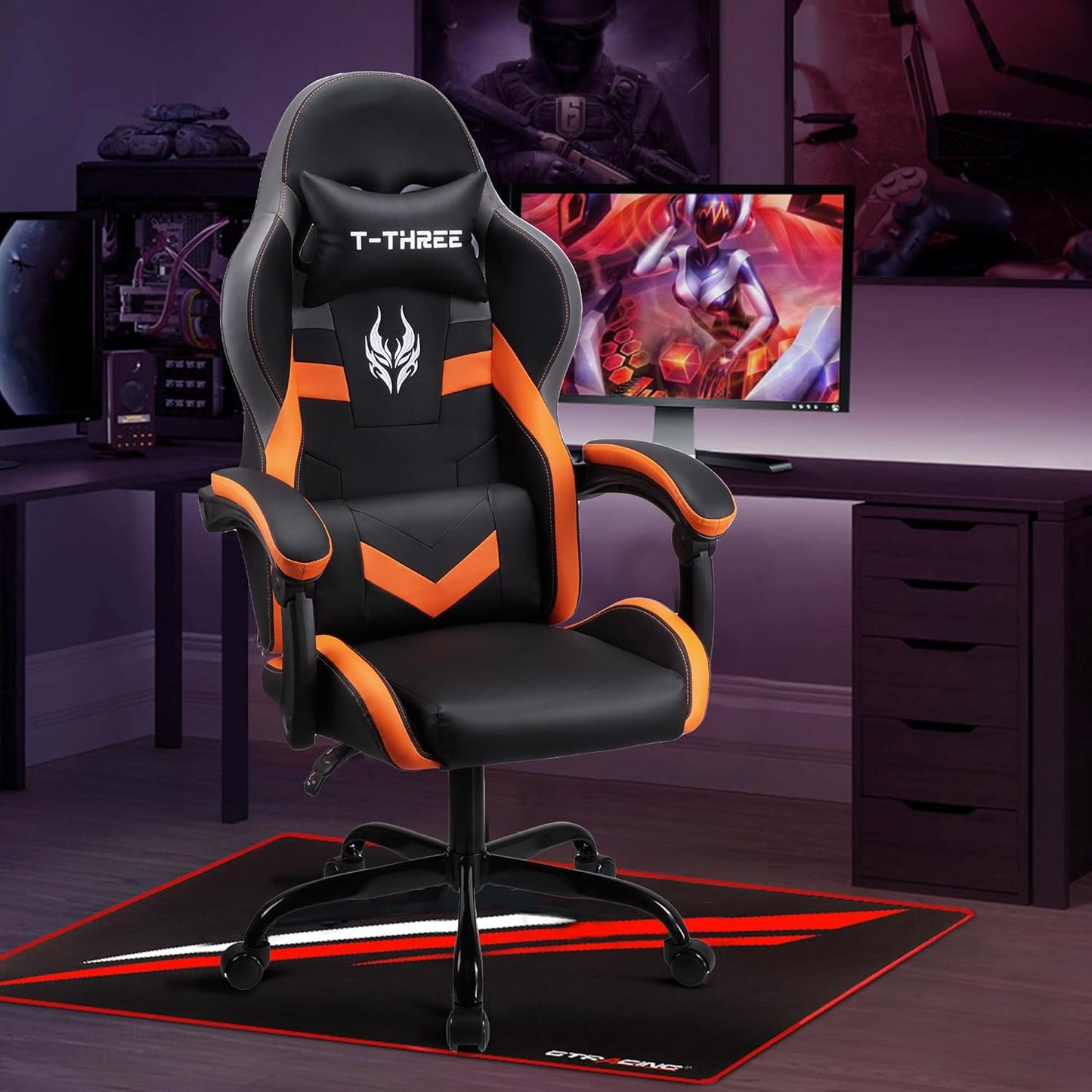 ORANGE Ergonomic High-Back Gaming, Computer, Office, Study, Swivel, and Racing-Style Chair with Adjustable Lumbar and Headrest Support, 150Kg Weight Capacity
