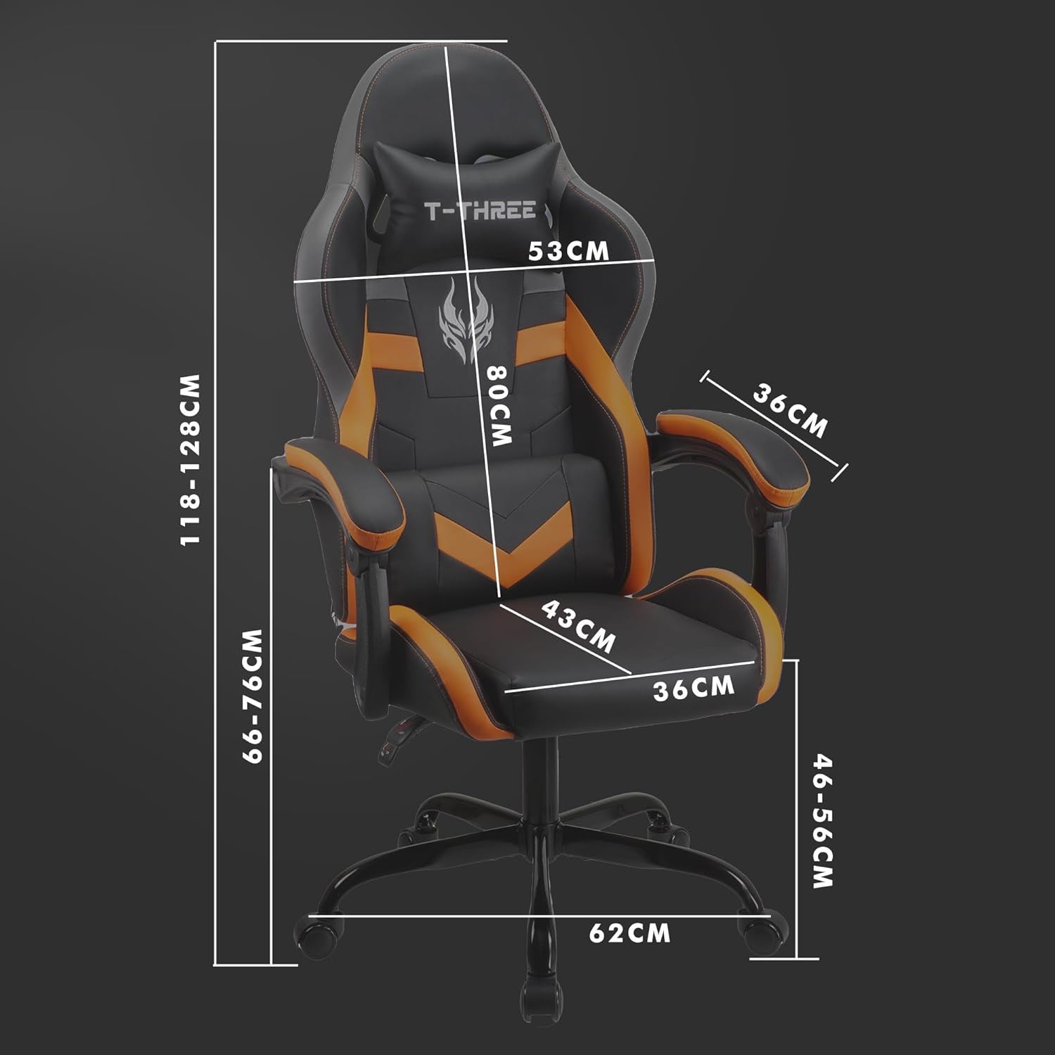 ORANGE Ergonomic High-Back Gaming, Computer, Office, Study, Swivel, and Racing-Style Chair with Adjustable Lumbar and Headrest Support, 150Kg Weight Capacity