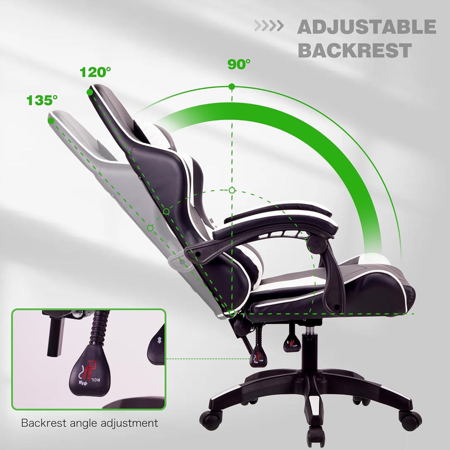 WHITE Ergonomic High-Back Racing-Style Gaming Chair with Adjustable Lumbar and Headrest Support, 150Kg Weight Capacity