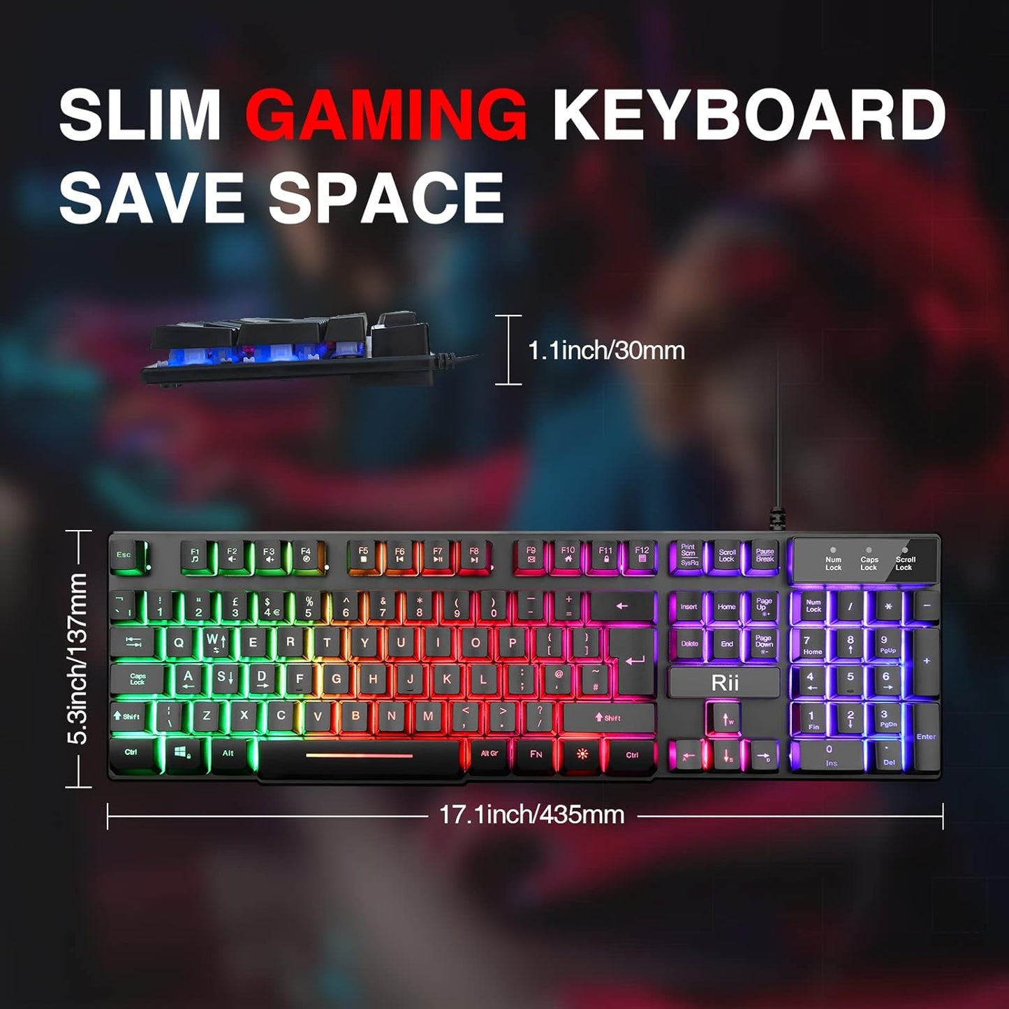 LED Gaming Keyboard, RK100 plus Rainbow LED Backlit Keyboard Mechanical Feeling, USB Wired Keyboard for Working Gaming (UK Layout)