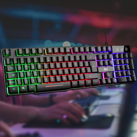 LED Gaming Keyboard, RK100 plus Rainbow LED Backlit Keyboard Mechanical Feeling, USB Wired Keyboard for Working Gaming (UK Layout)