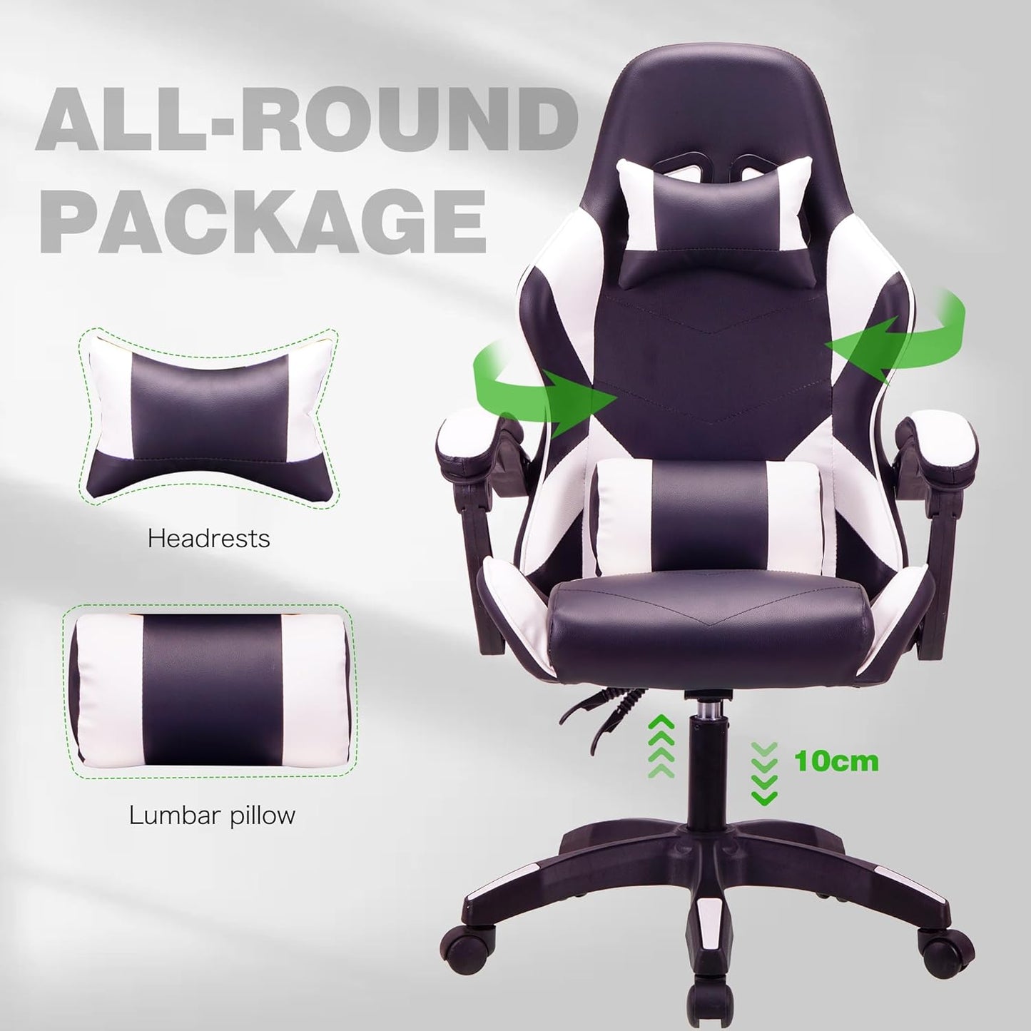 WHITE Ergonomic High-Back Racing-Style Gaming Chair with Adjustable Lumbar and Headrest Support, 150Kg Weight Capacity