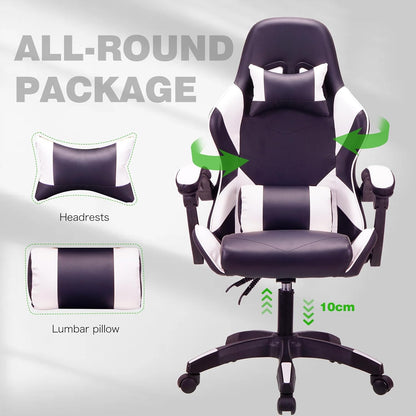 WHITE Ergonomic High-Back Racing-Style Gaming Chair with Adjustable Lumbar and Headrest Support, 150Kg Weight Capacity