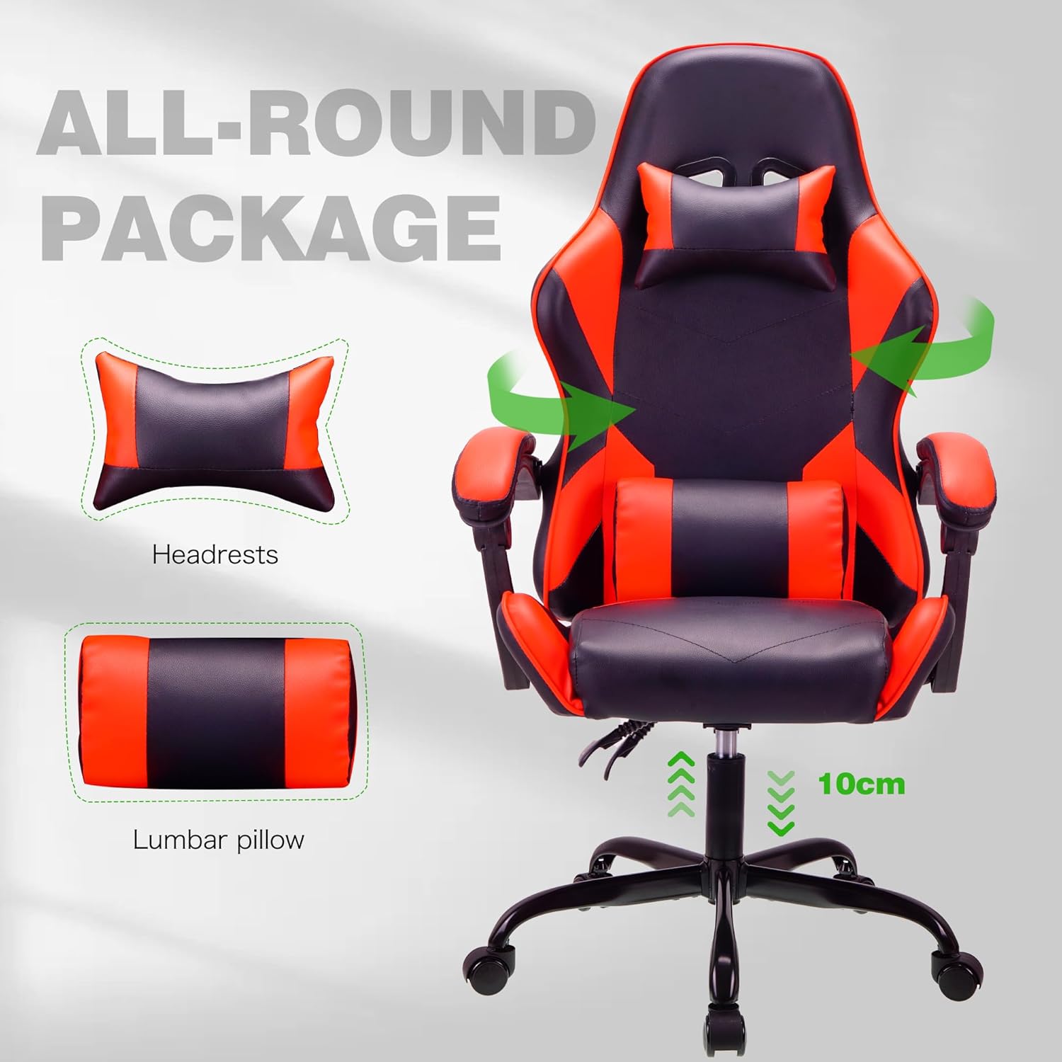 RED Ergonomic High-Back Gaming, Computer, Office, Study, Swivel, and Racing-Style Chair with Adjustable Lumbar and Headrest Support, 150Kg Weight Capacity