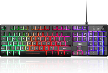 LED Gaming Keyboard, RK100 plus Rainbow LED Backlit Keyboard Mechanical Feeling, USB Wired Keyboard for Working Gaming (UK Layout)