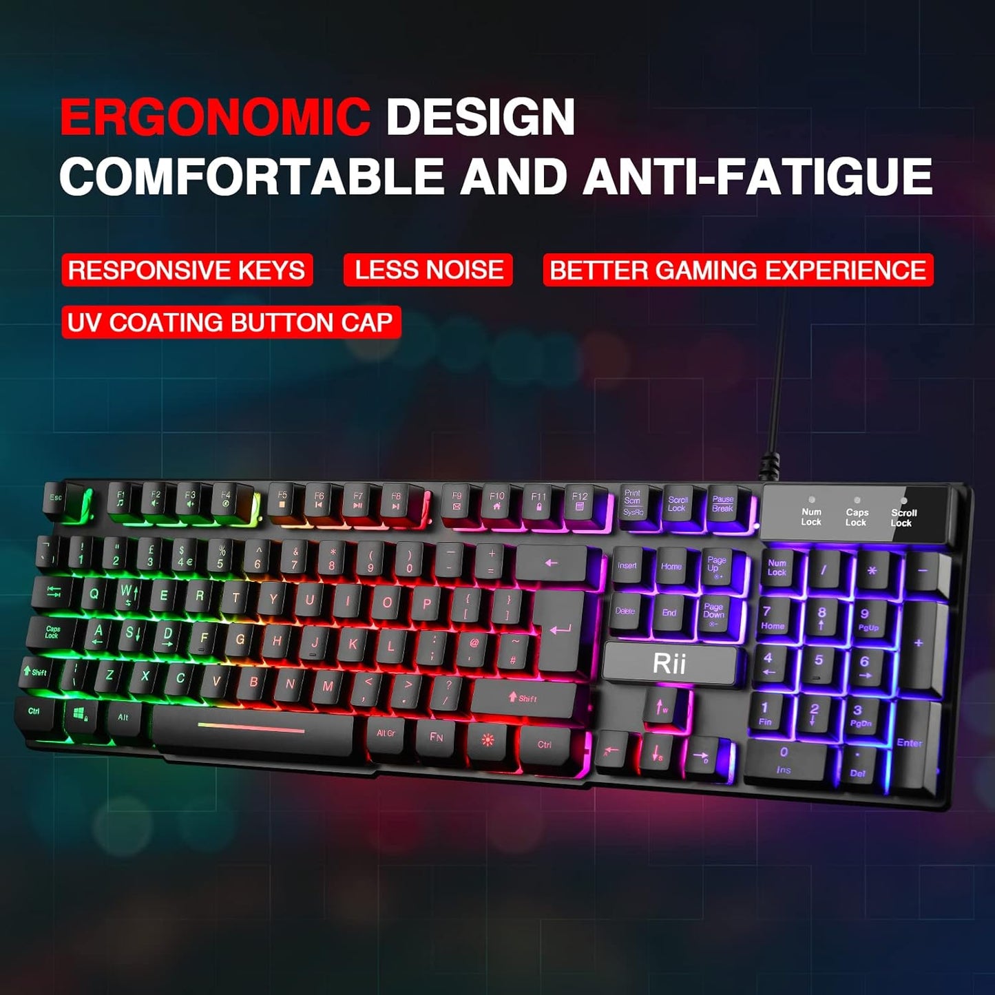 LED Gaming Keyboard, RK100 plus Rainbow LED Backlit Keyboard Mechanical Feeling, USB Wired Keyboard for Working Gaming (UK Layout)