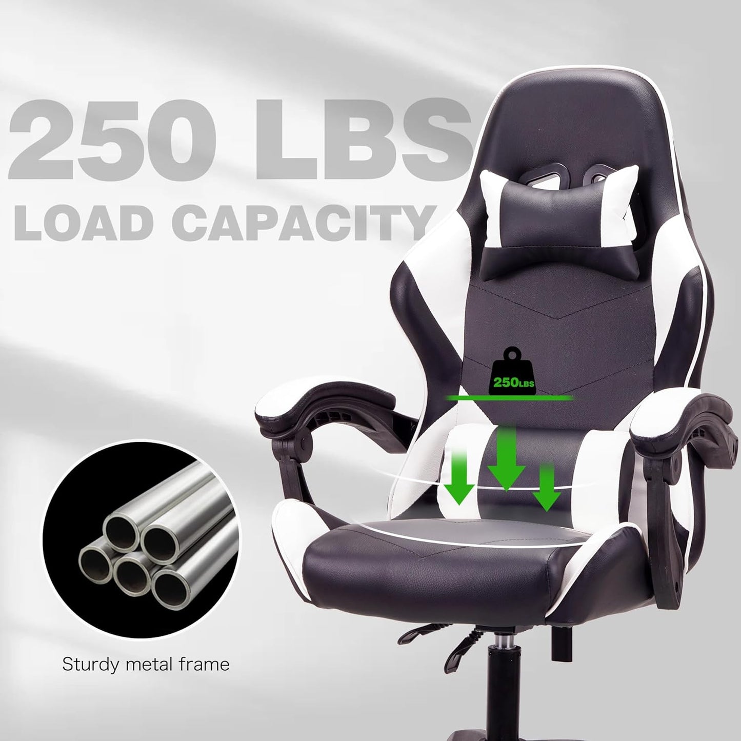 WHITE Ergonomic High-Back Racing-Style Gaming Chair with Adjustable Lumbar and Headrest Support, 150Kg Weight Capacity