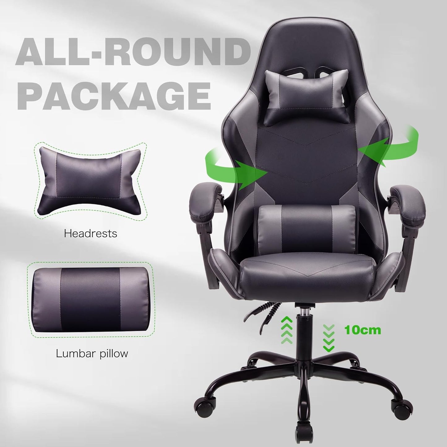 BLACK Ergonomic High-Back Gaming, Computer, Office, Study, Swivel, and Racing-Style Chair with Adjustable Lumbar and Headrest Support, 150Kg Weight Capacity