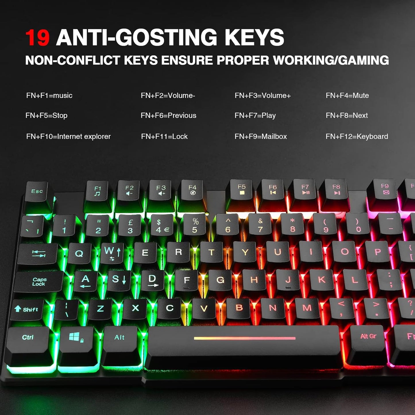 LED Gaming Keyboard, RK100 plus Rainbow LED Backlit Keyboard Mechanical Feeling, USB Wired Keyboard for Working Gaming (UK Layout)