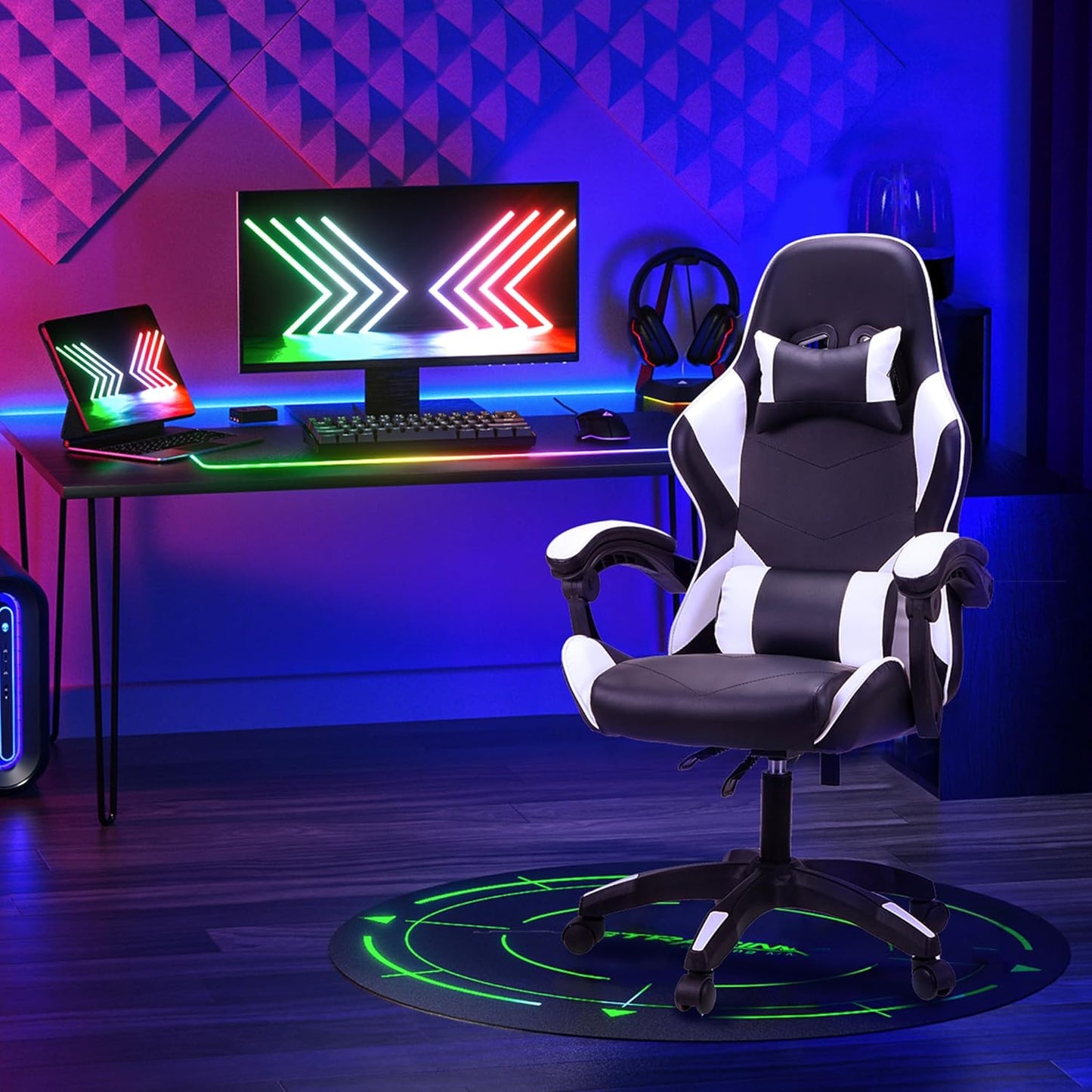WHITE Ergonomic High-Back Racing-Style Gaming Chair with Adjustable Lumbar and Headrest Support, 150Kg Weight Capacity